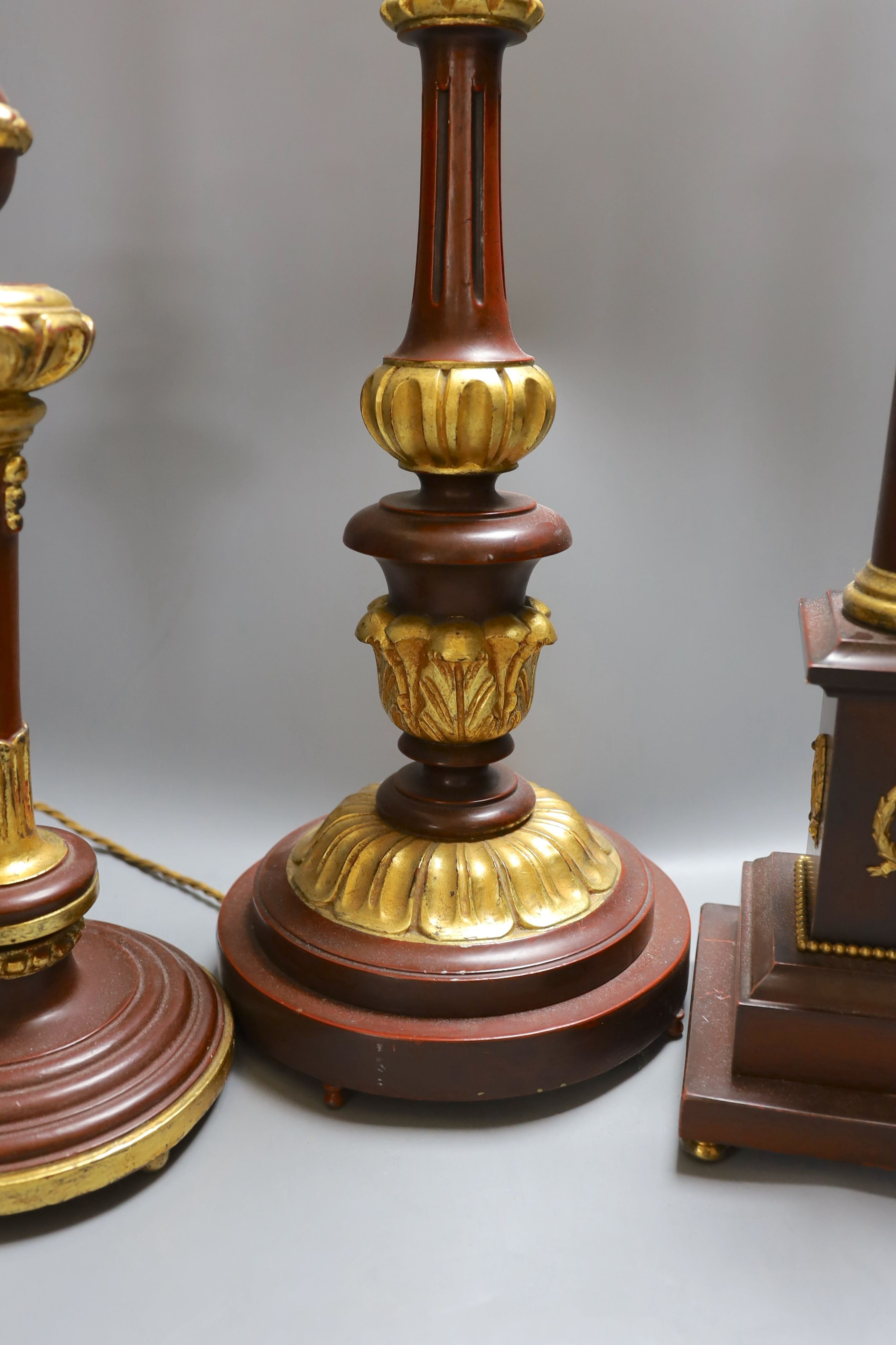 Three parcel gilt wood table lamps - tallest 64cm